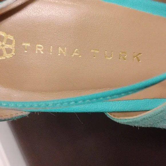 Trina Turk Turquoise Suede Leather Lace up Ankle Wrap Wedge Sandals - Picture 12 of 12